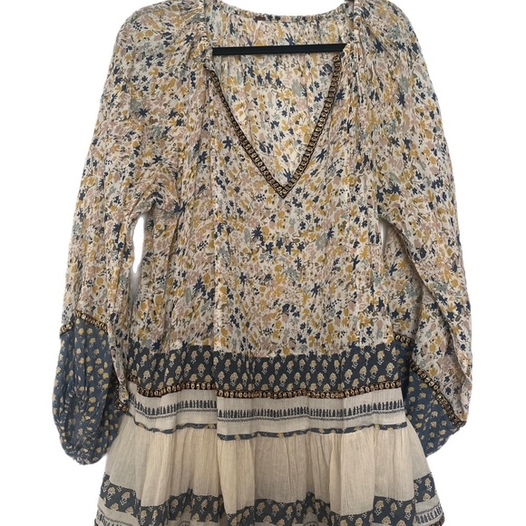 Free People Boho Ruffle Hem Flowy Babydoll Tunic Beachy Floral Top - Picture 1 of 7